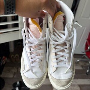 Stylish White and Beige High-Top Sneakers
